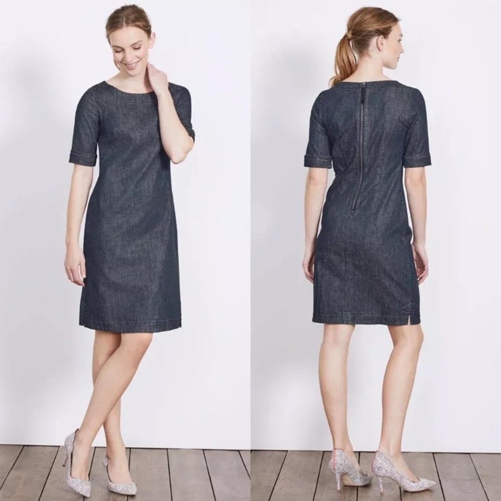 BODEN FREYA WW211 BLUE DENIM COTTON HALF SLEEVE SHEATH DRESS